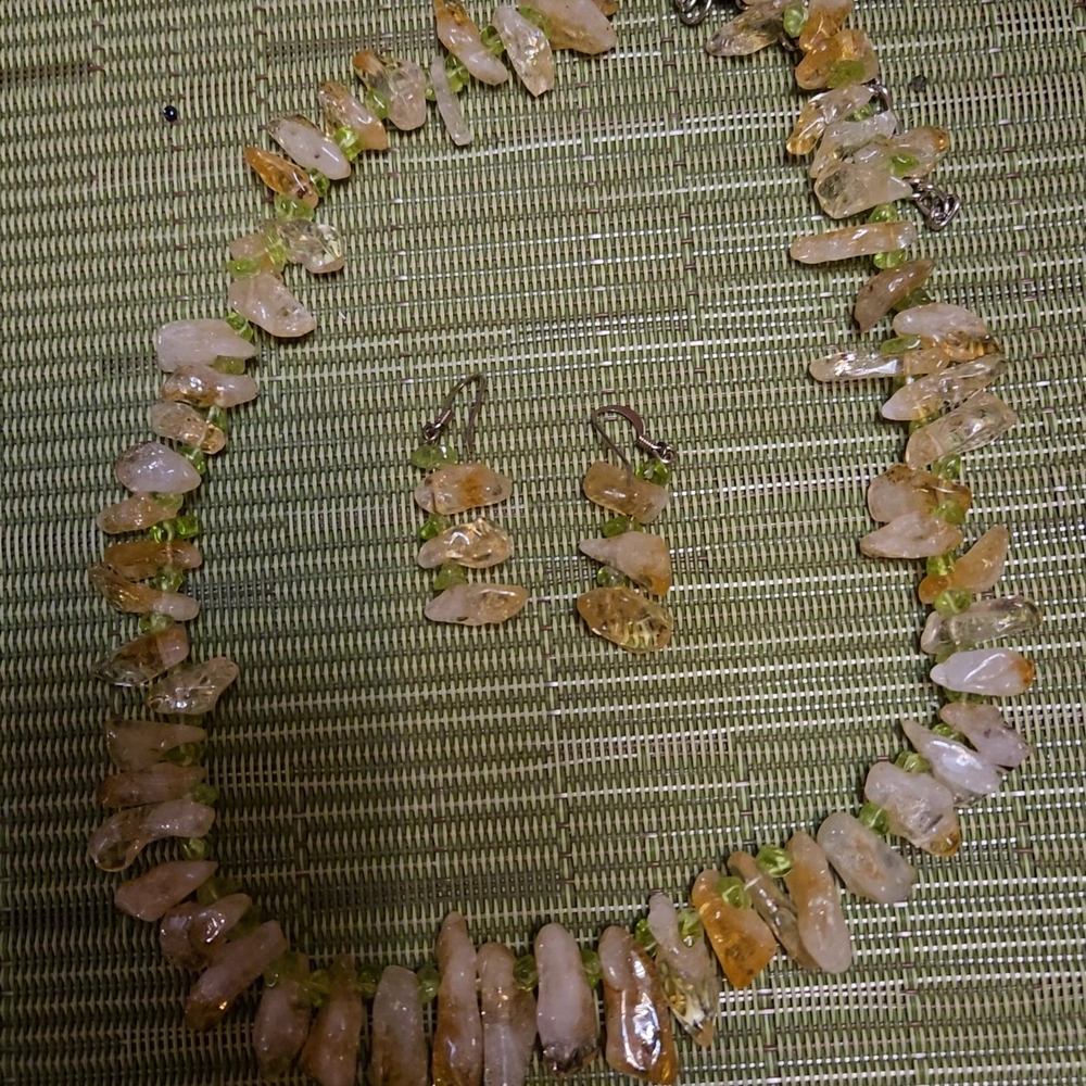 Gold and Amber Natural Stone Necklace and Earrings